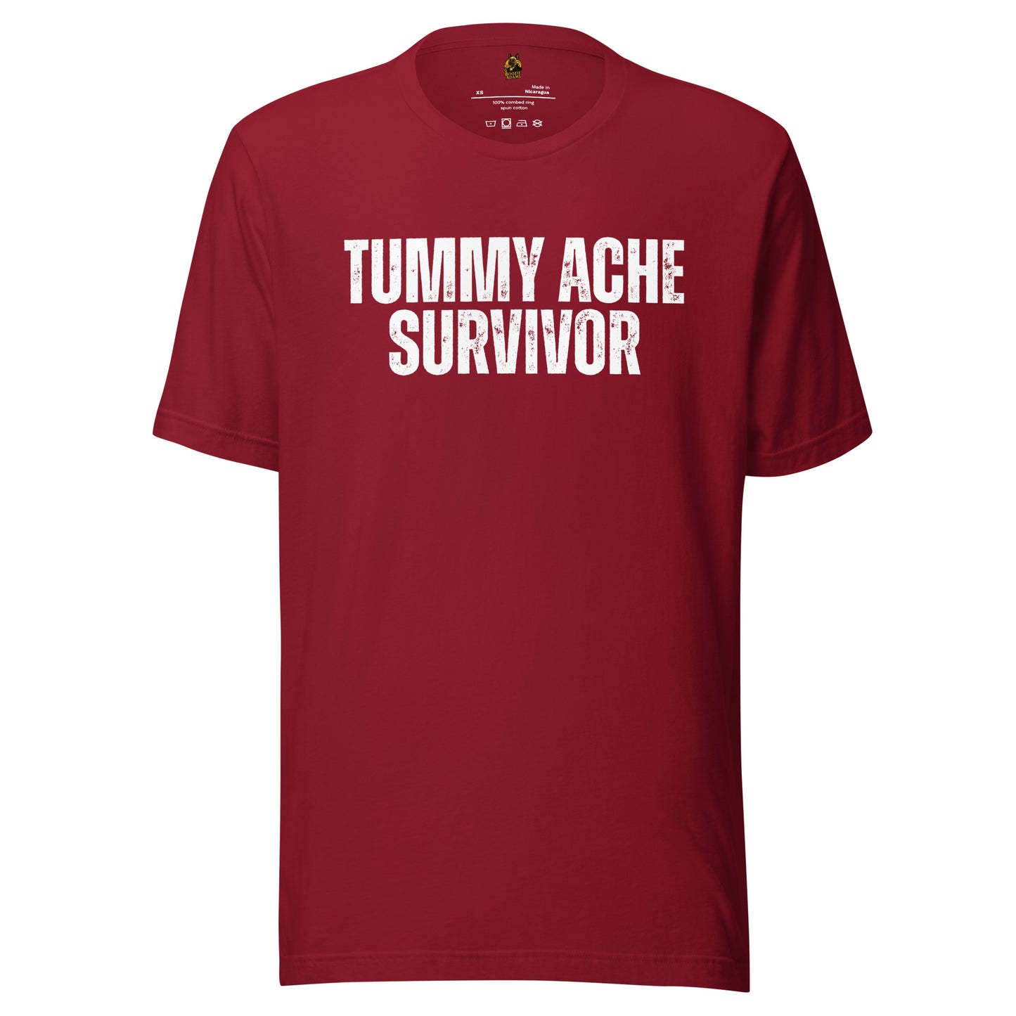 Red unisex t-shirt with 'TUMMY ACHE SURVIVOR' text – Boozie Adams
