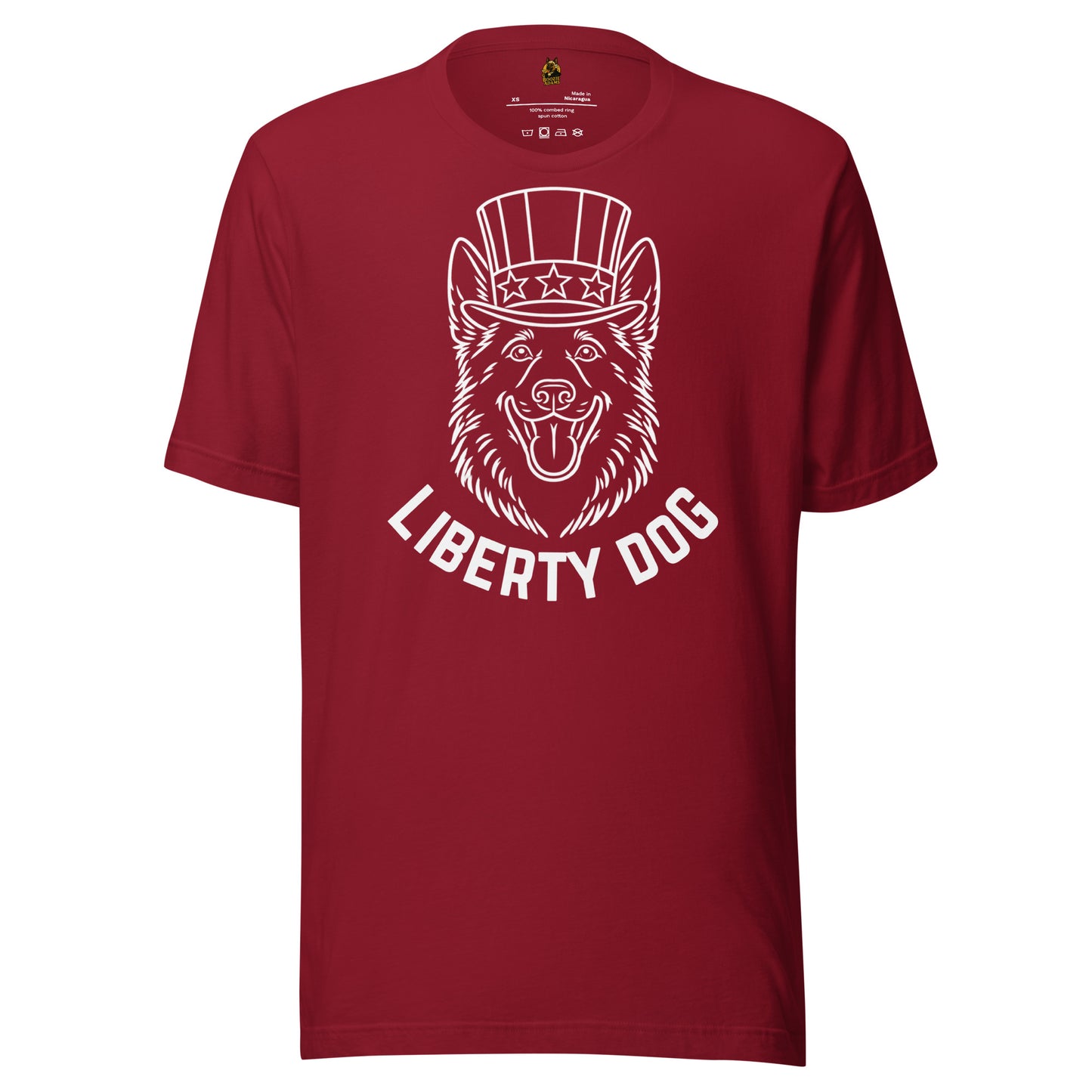 Crimson unisex t-shirt with a graphic of a dog wearing uncle sam top hat and the text 'Liberty Dog' – Boozie Adams