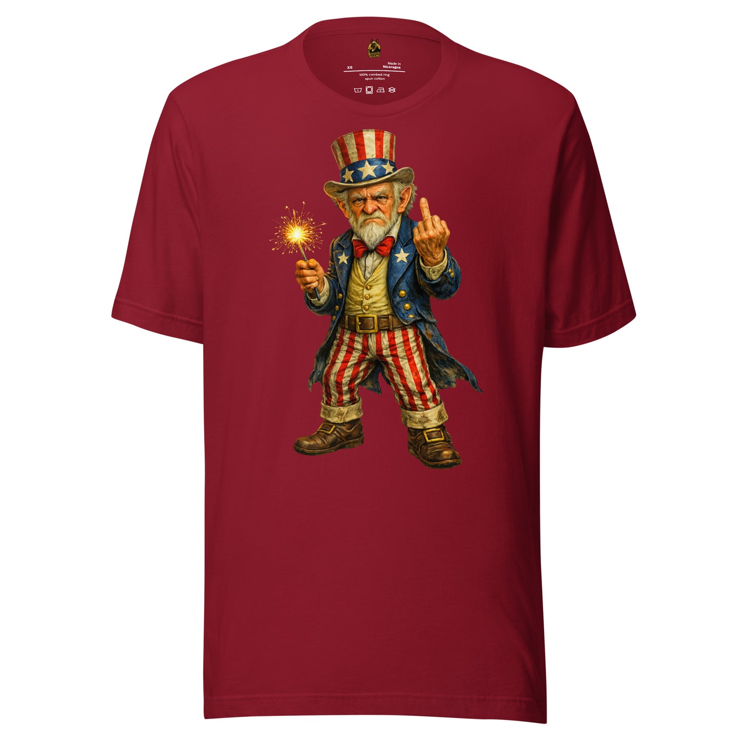 Crimson unisex t-shirt with Uncle Sam graphic holding a sparkler  and flipping the bird – Boozie Adams
