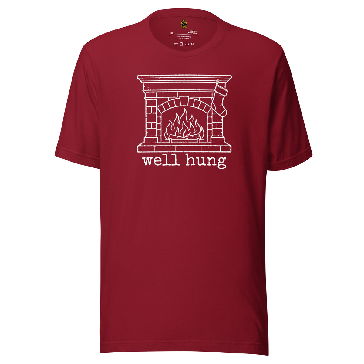 Cardinal unisex t-shirt with graphic of stocking hanging from fire place and 'well hung' text – Boozie Adams