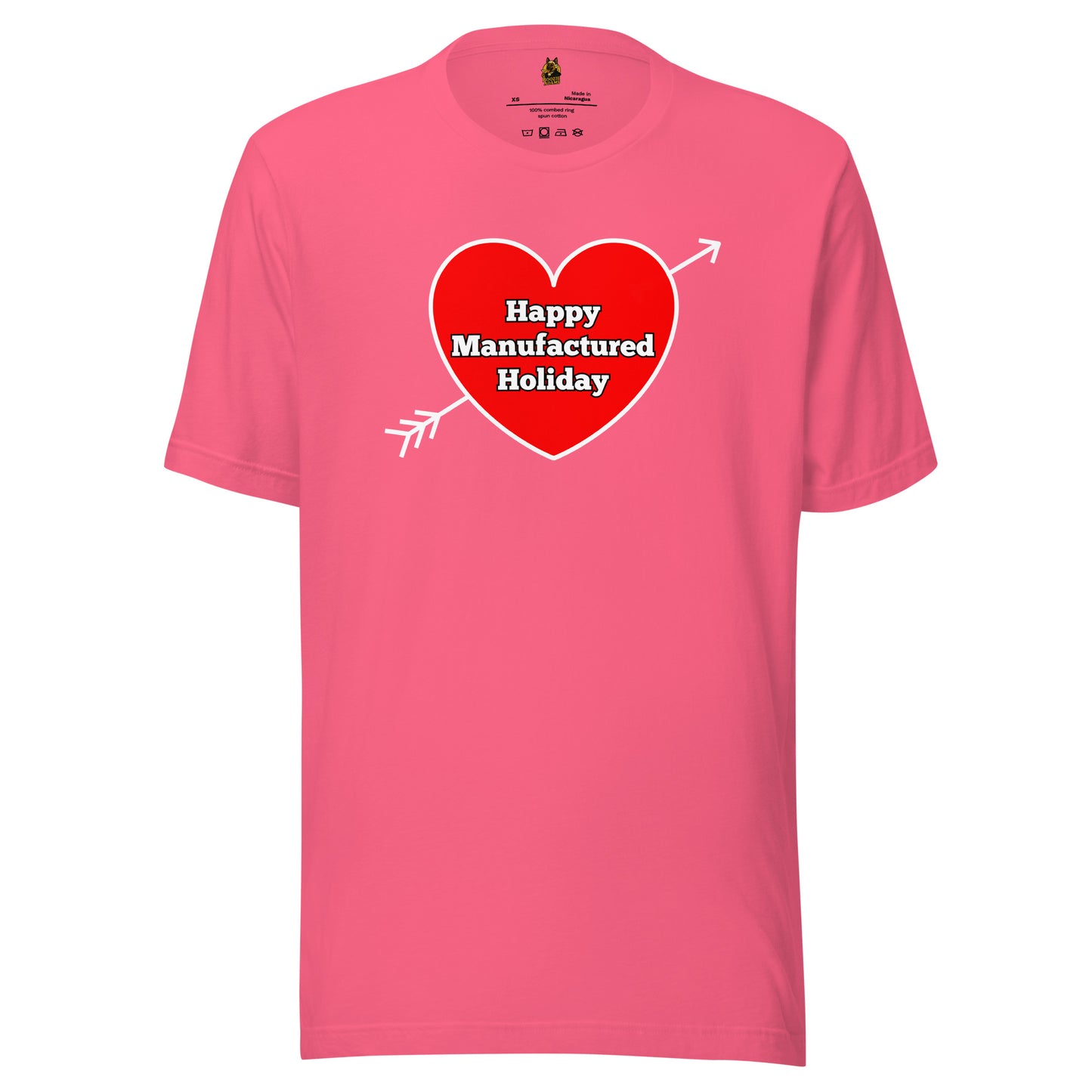 Pink unisex t-shirt with a red heart graphic with 'happy manufactured holiday' text – Boozie Adams