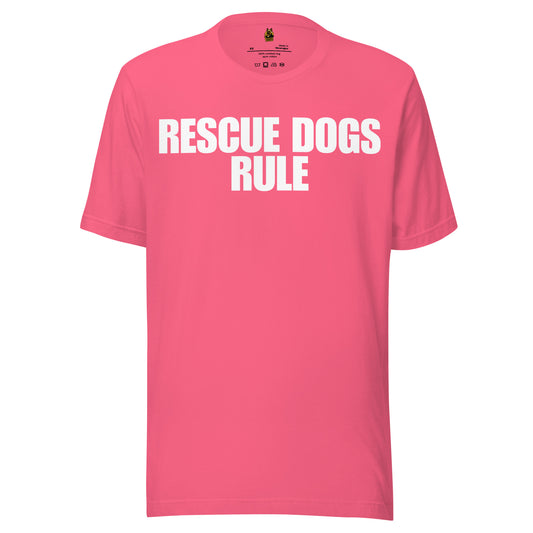 Pink unisex t-shirt with 'Rescue Dogs Rule' text – Boozie Adams
