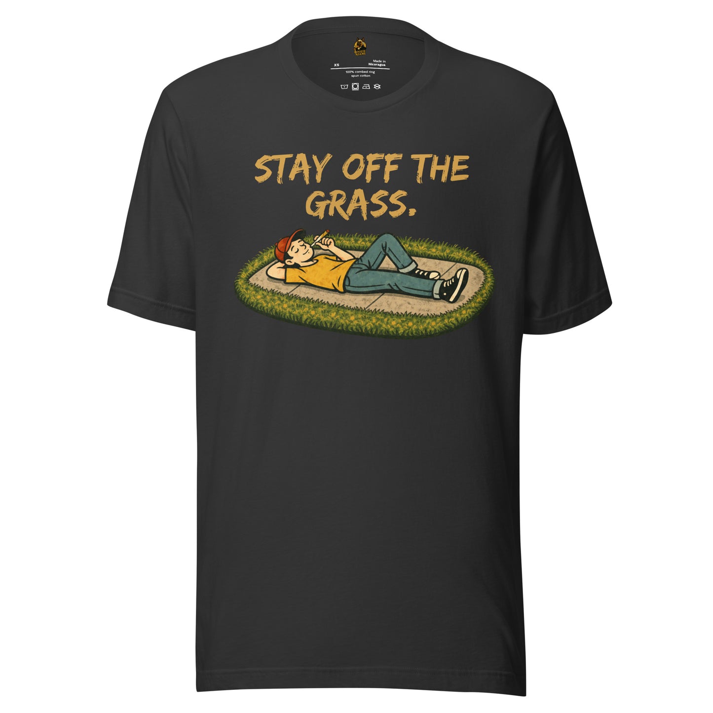 Dark grey unisex t-shirt with graphic of person lying on sidewalk smoking a joint and text 'Stay off the grass' – Boozie Adams