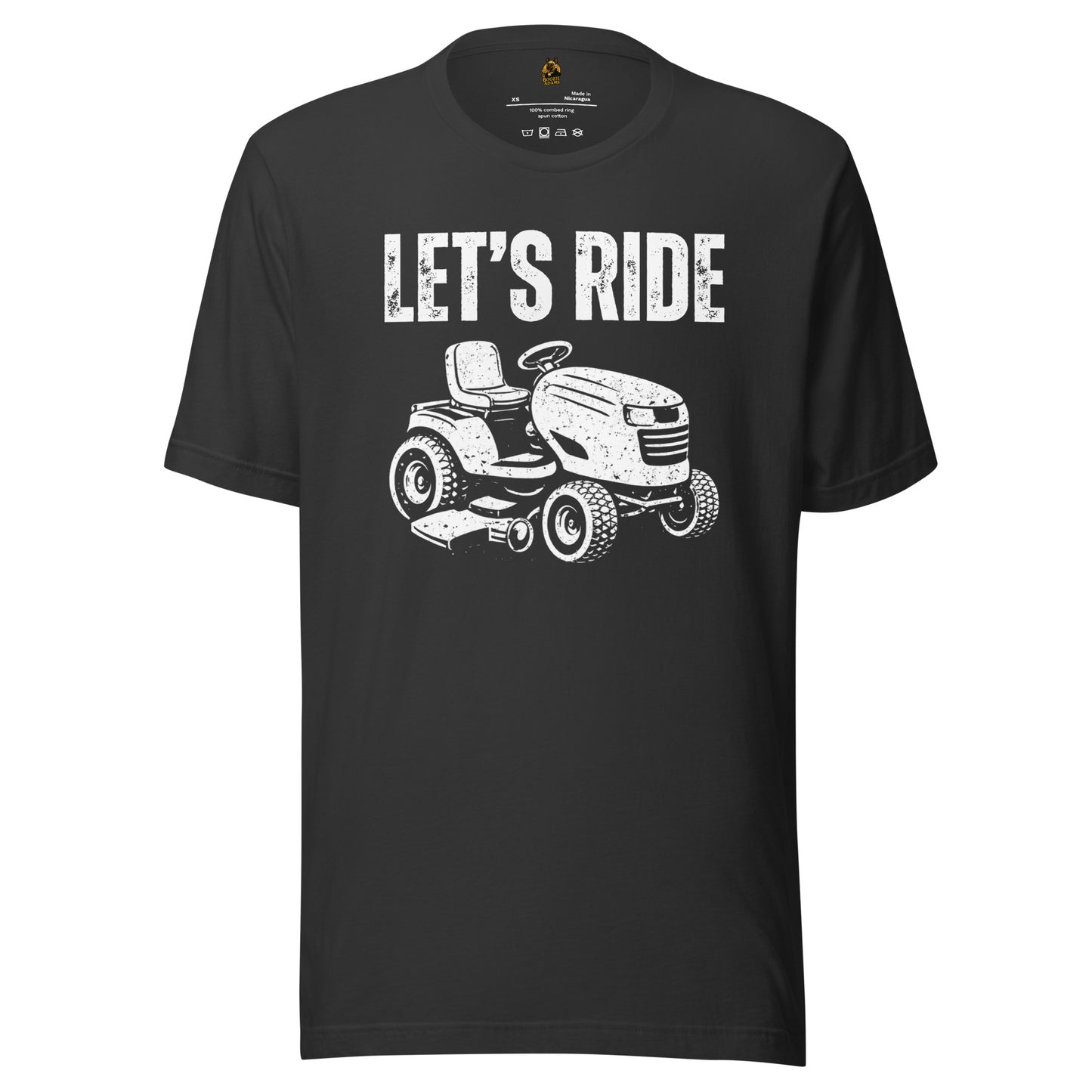 Dark grey unisex t-shirt with white graphic of a riding lawn mower and 'Let's Ride' text – Boozie Adams