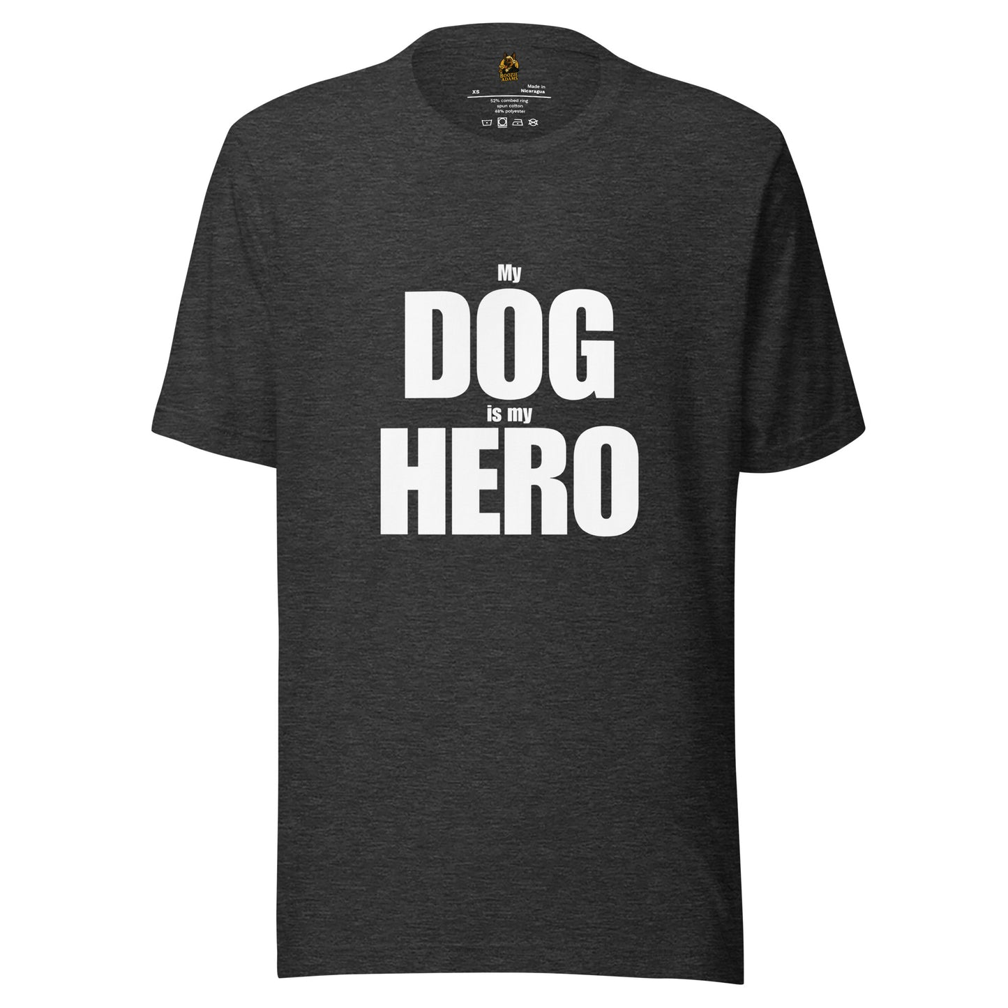 Dark gray unisex t-shirt with 'My Dog is my Hero' text – Boozie Adams