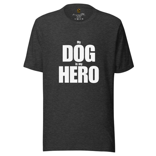 Dark gray unisex t-shirt with 'My Dog is my Hero' text – Boozie Adams