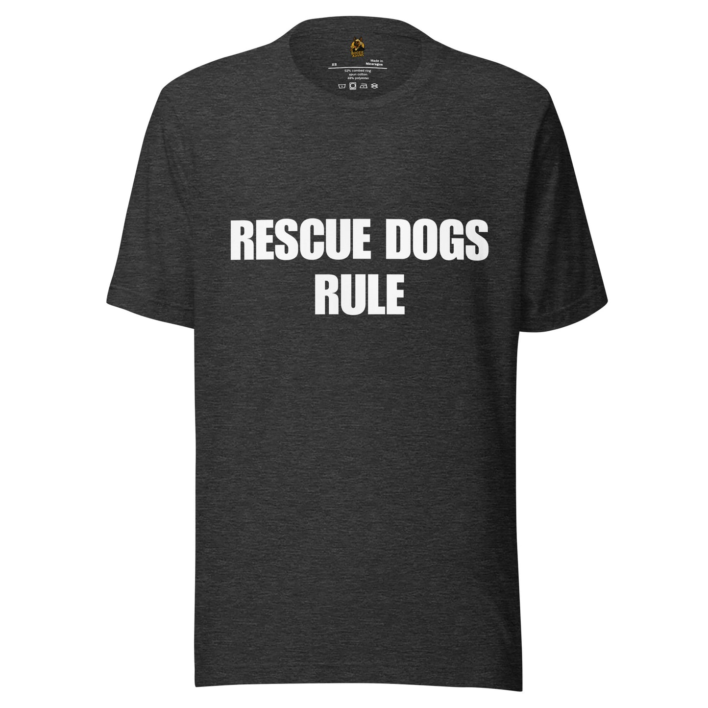 Black unisex t-shirt with 'RESCUE DOGS RULE' text on a white background – Boozie Adams