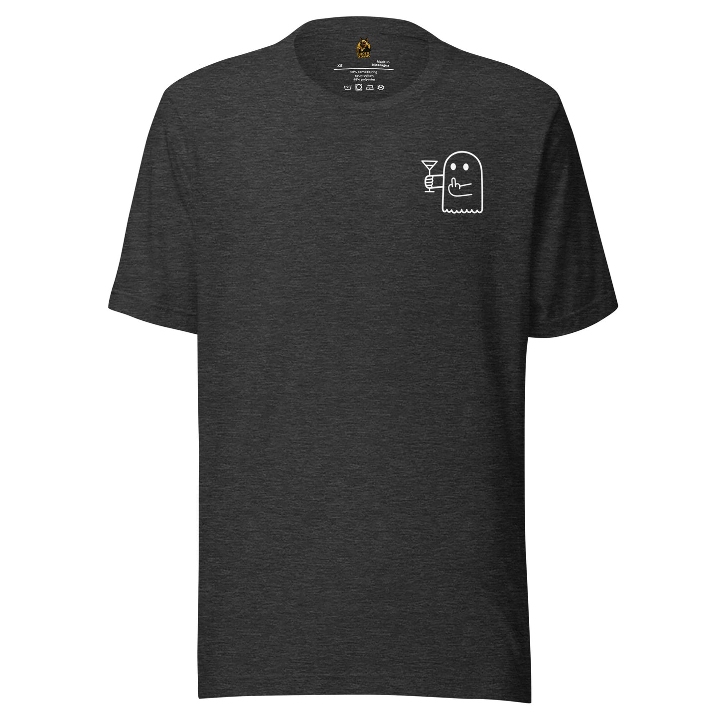Dark Grey unisex t-shirt with a small white ghost holding a martini glass and flipping the bird on the chest  – Boozie Adams
