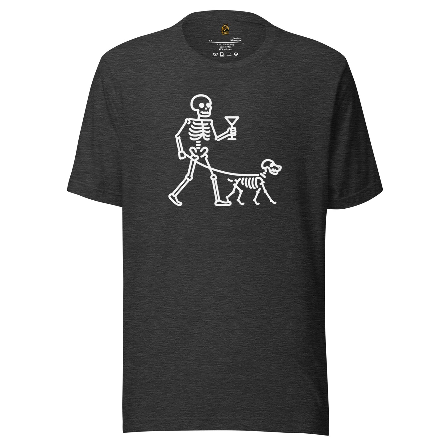 Dark Grey unisex t-shirt with a skeleton holding a martini and walking a dog graphic – Boozie Adams
