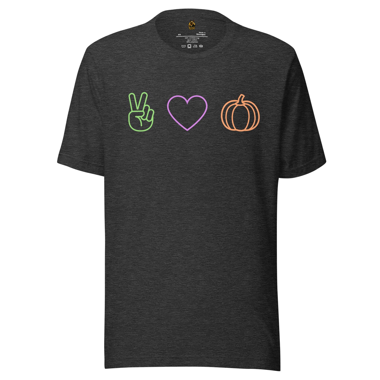 Dark Grey unisex t-shirt with peace sign, heart, and pumpkin designs – Boozie Adams