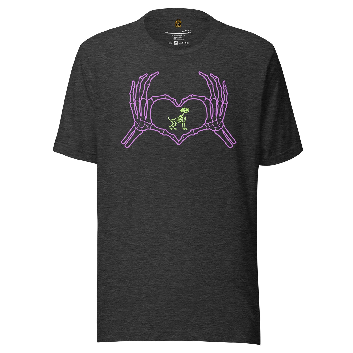 Dark grey unisex t-shirt with a graphic of purple skeleton hands making a heart  with a green skeleton dog in the middle – Boozie Adams