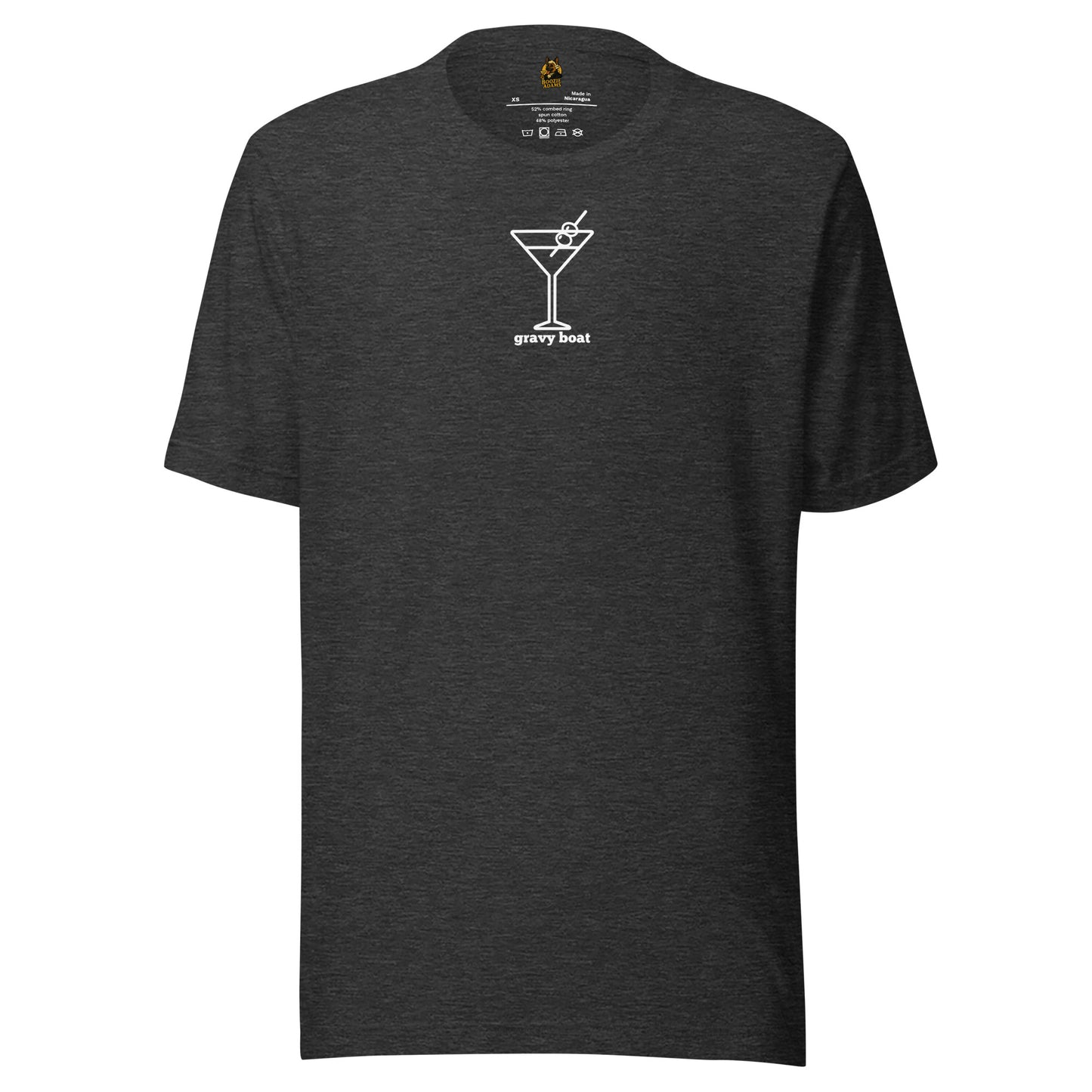 Dark heather grey unisex t-shirt with white martini graphic and 'gravy boat' font – Boozie Adams