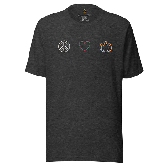 Dark heather grey unisex t-shirt with peace symbol, heart, and pumpkin design – Boozie Adams