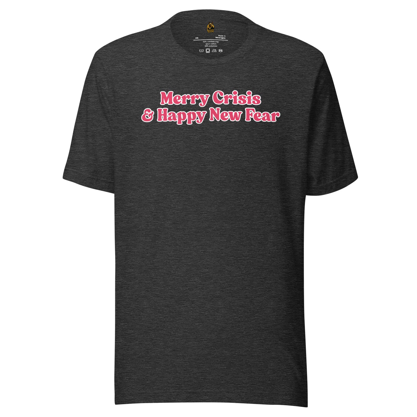 Dark heather grey unisex t-shirt with red text 'Merry Crisis & Happy New Fear' – Boozie Adams