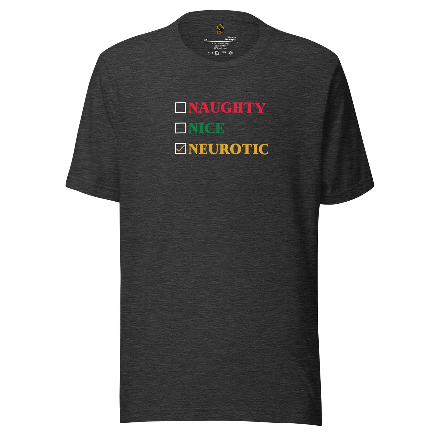 Dark heather grey unisex t-shirt with colorful text and checkboxes 'naughty, nice, neurotic' – Boozie Adams