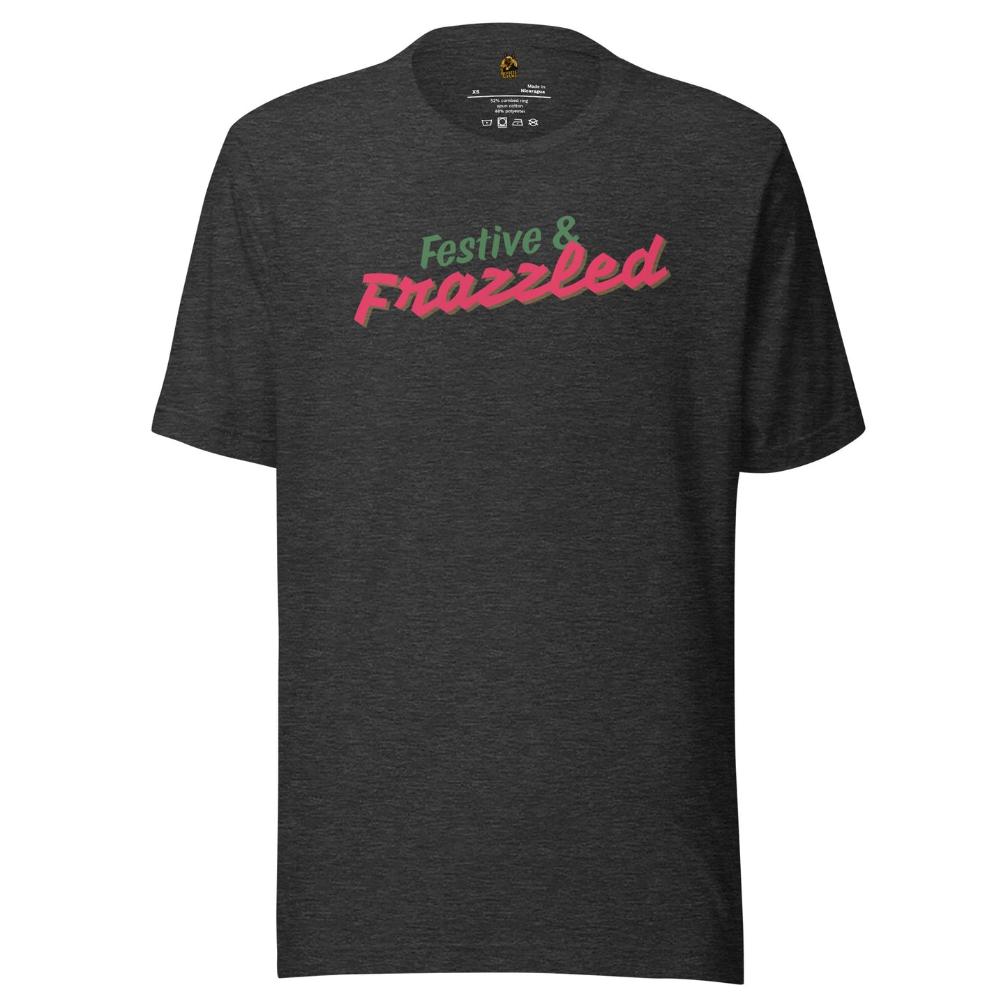 Dark heather grey unisex t-shirt with 'Festive & Frazzled' text in green and red – Boozie Adams
