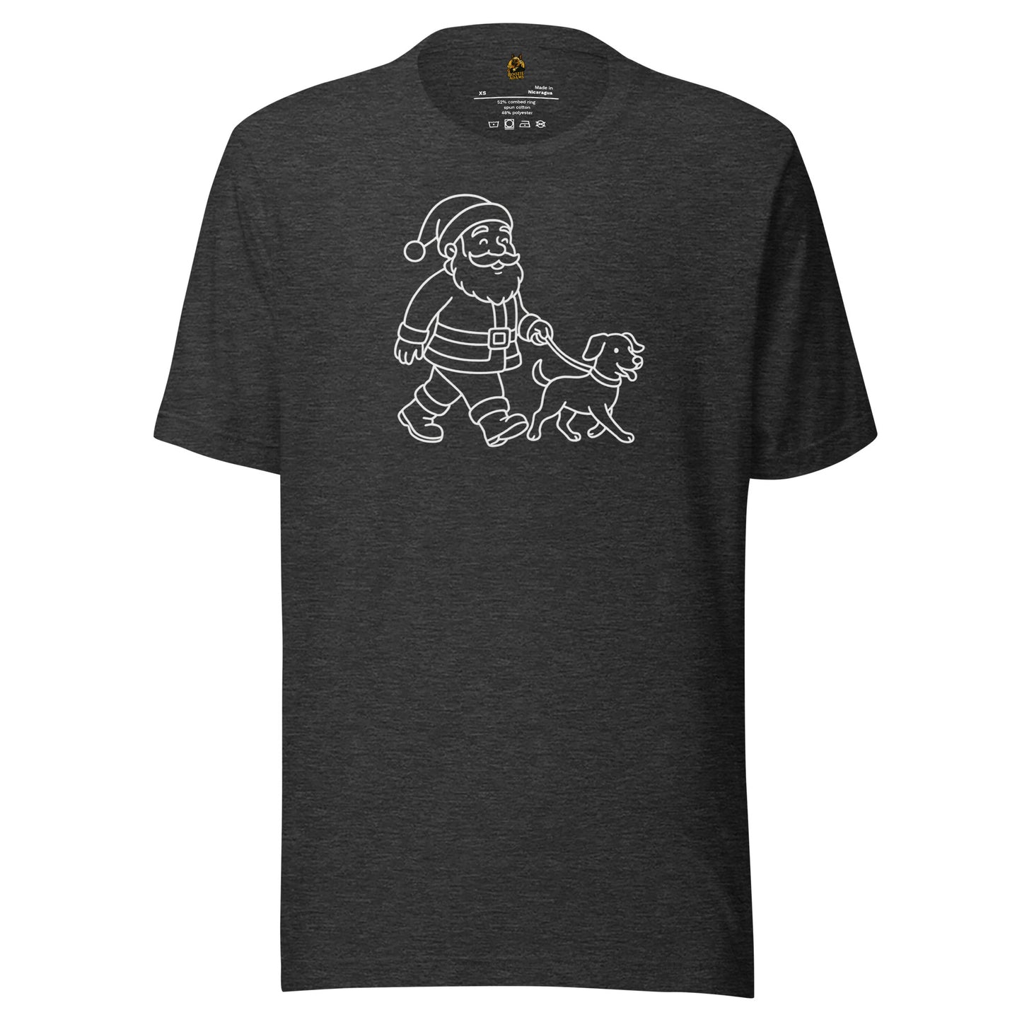 Dark heather grey unisex t-shirt with a white graphic of Santa Claus walking a dog – Boozie Adams
