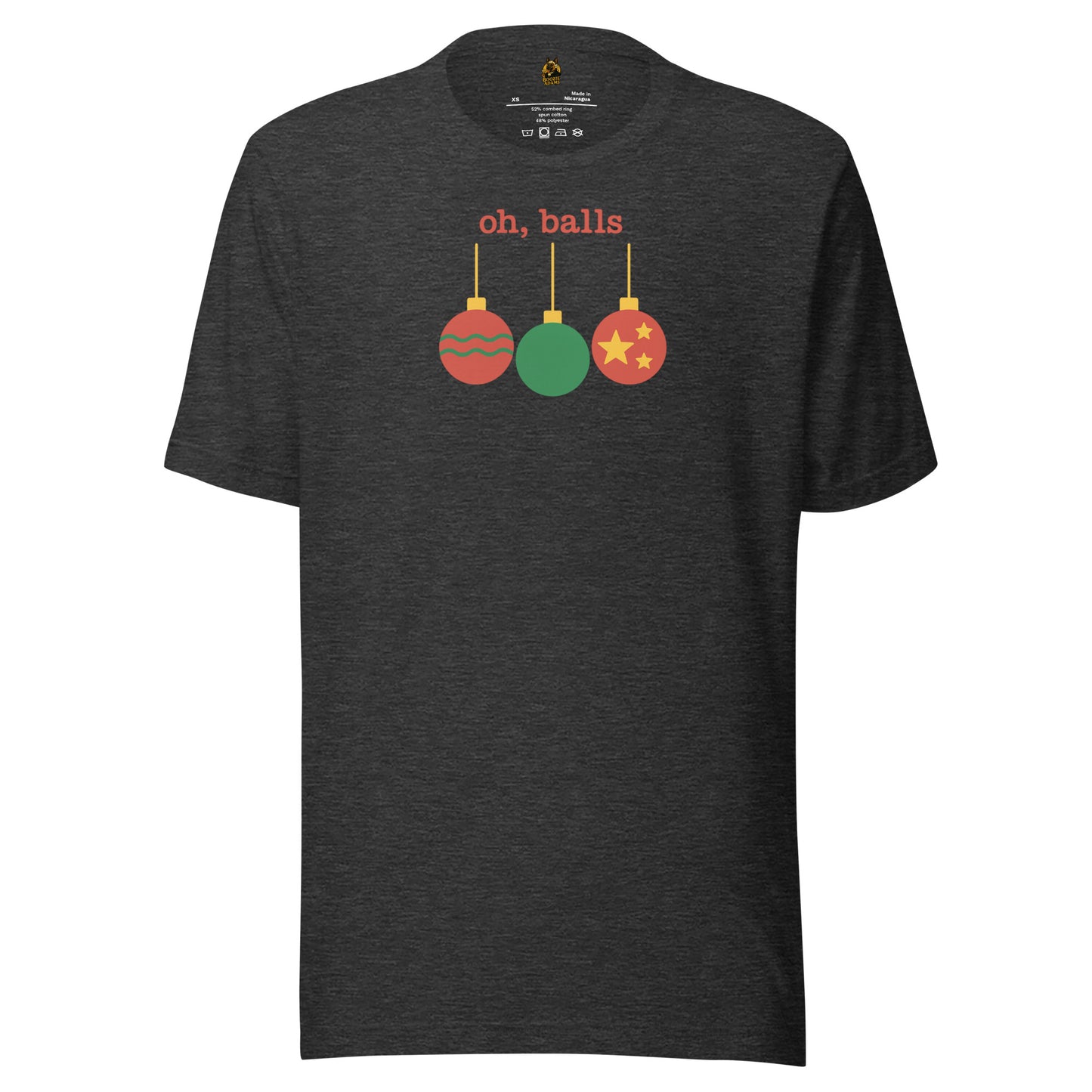 Dark heather grey unisex t-shirt with colorful ornaments and text 'oh, balls' in red – Boozie Adams
