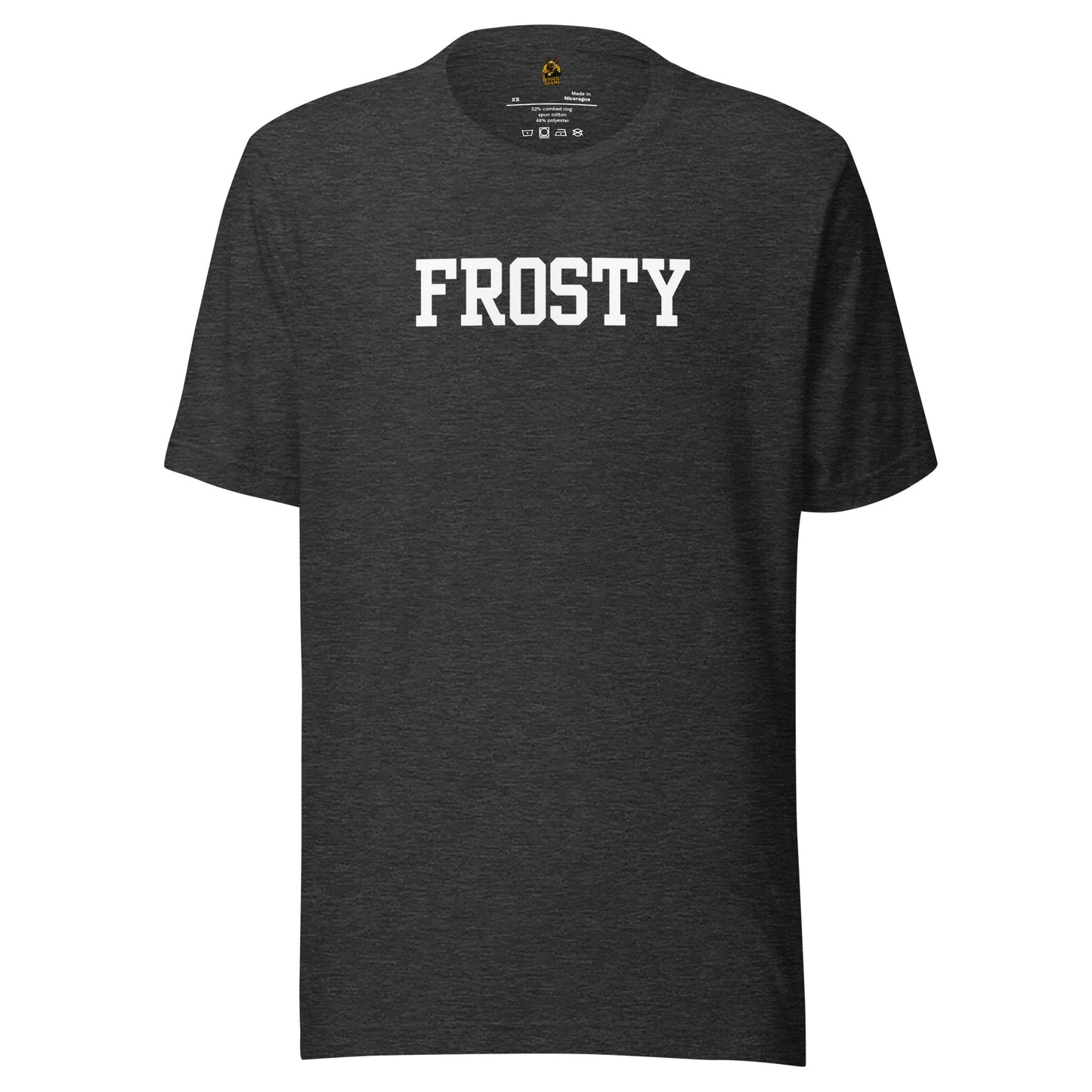 Dark heather grey unisex t-shirt with 'FROSTY' text in white – Boozie Adams