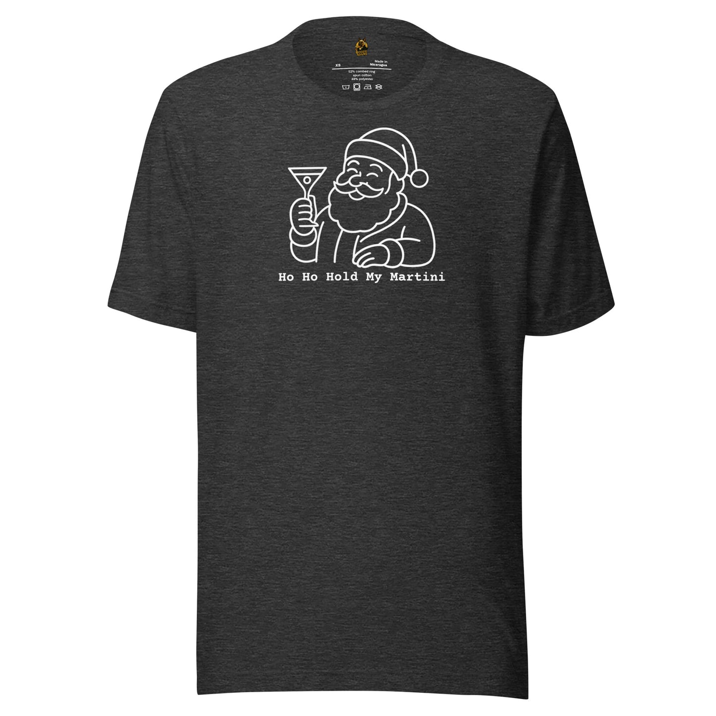 Dark heather grey unisex t-shirt with a graphic of Santa Claus holding a martini glass and text 'Ho Ho Hold My Martini' in white – Boozie Adams