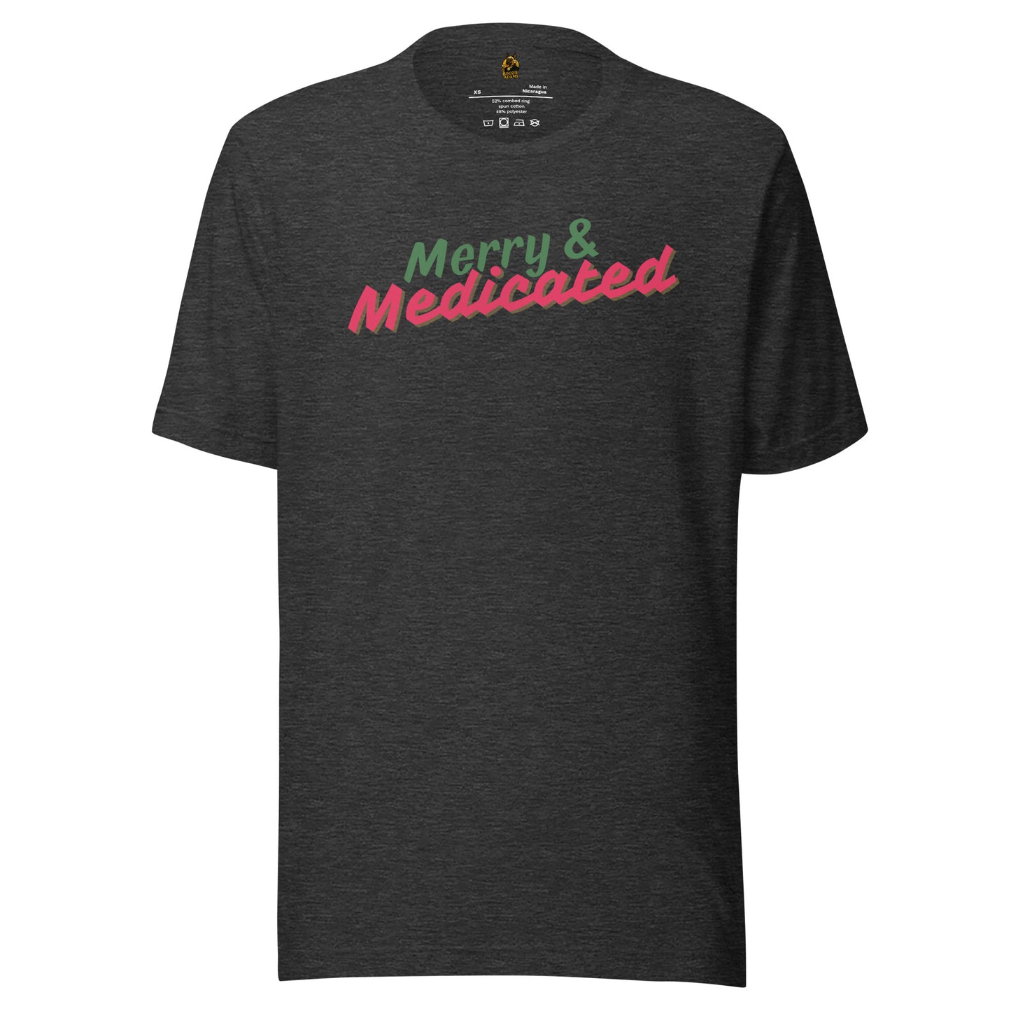 Heather grey unisex t-shirt with 'Merry & Medicated' text in green and red – Boozie Adams