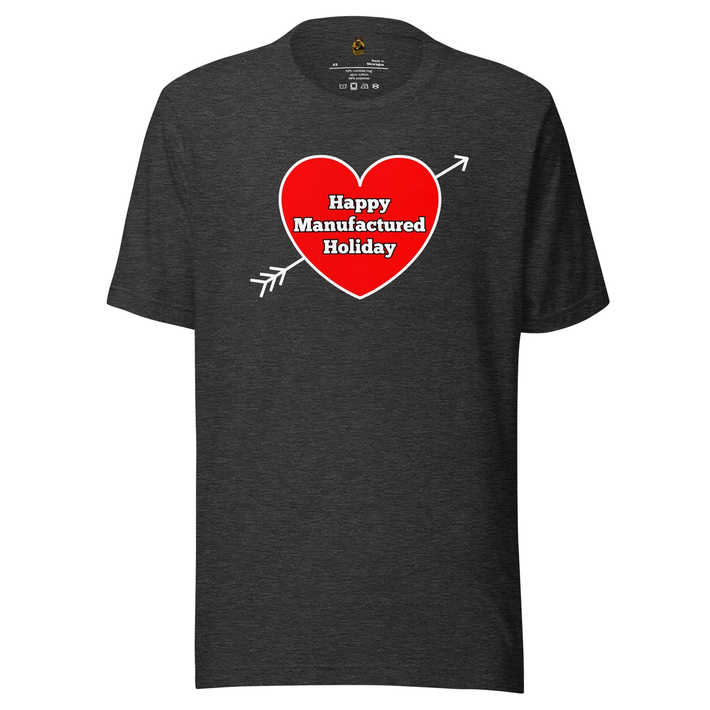 Dark Heather grey unisex t-shirt with a red heart graphic with 'happy manufactured holiday' text – Boozie Adams