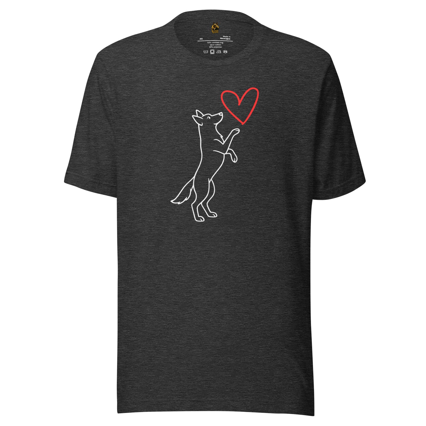 Dark heather grey unisex tshirt with graphic of white dog reaching up to red heart – Boozie Adams