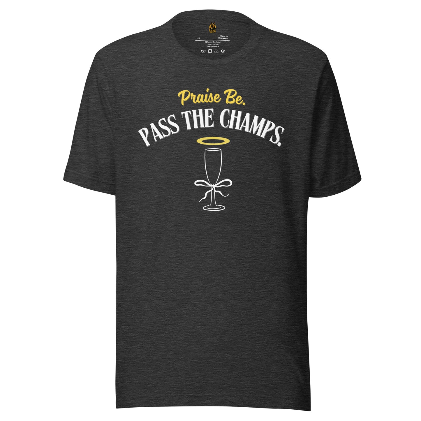 Dark heather grey unisex t-shirt a champagne with a halo grapic and 'Praise be. Pass the Champs.' text – Boozie Adams