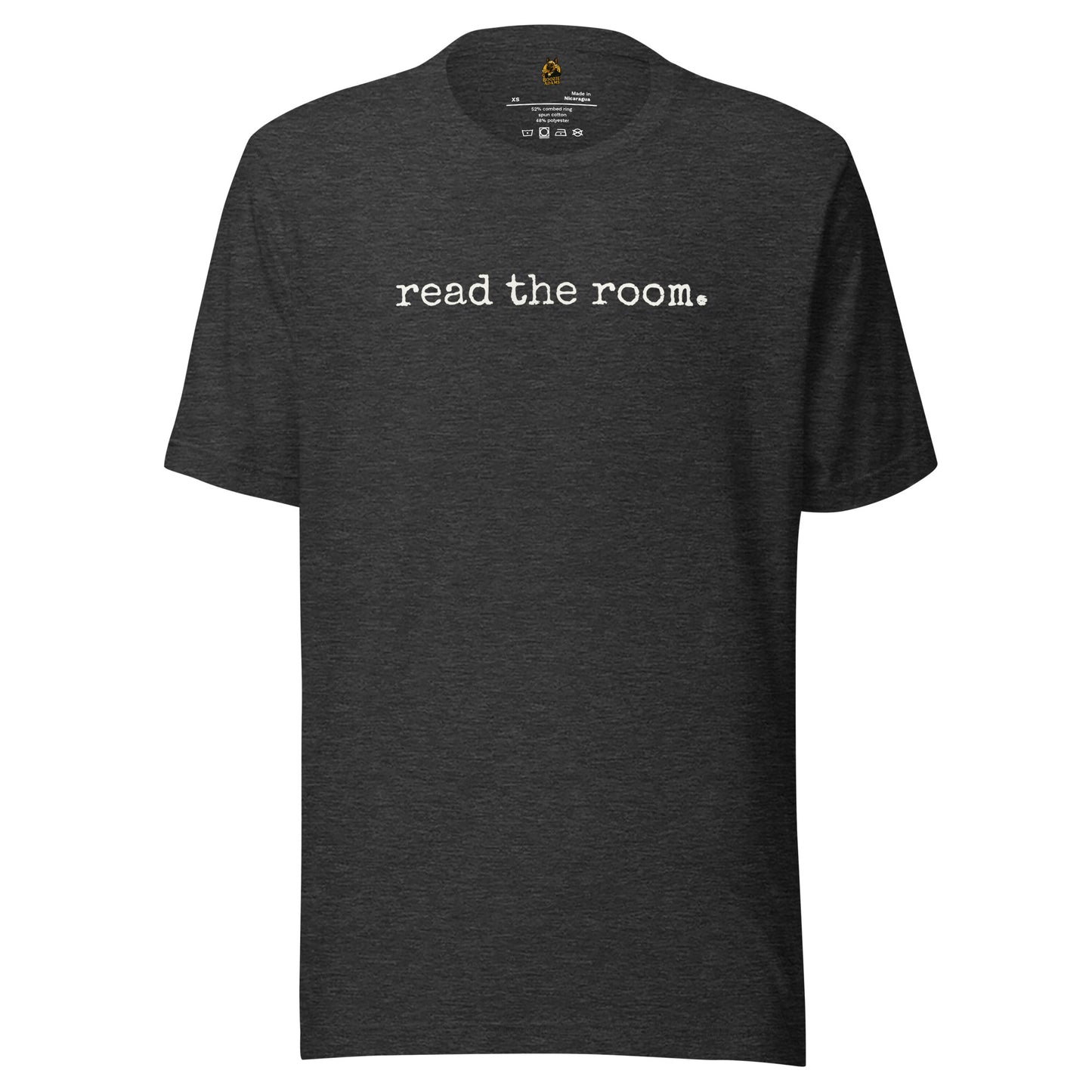 Dark heather grey unisex t-shirt with 'read the room' text – Boozie Adams