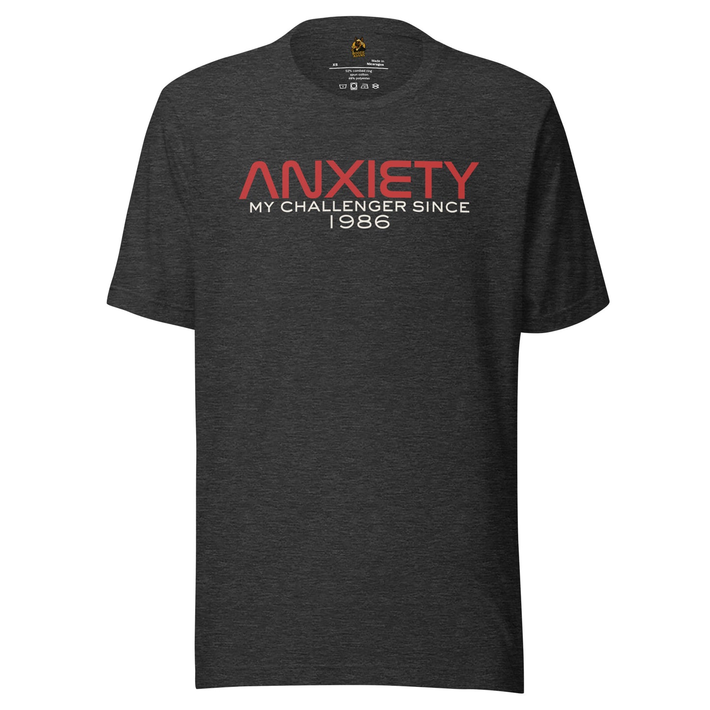 Dark heather grey unisex t-shirt with 'Anxiety: My Challenger since 1986' text – Boozie Adams