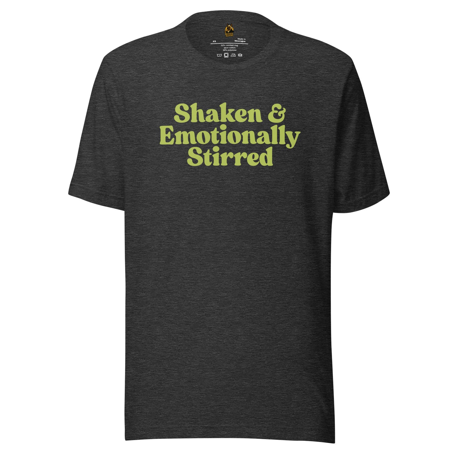 Dark heather grey unisex t-shirt with green  text 'Shaken & Emotionally Stirred' – Boozie Adams