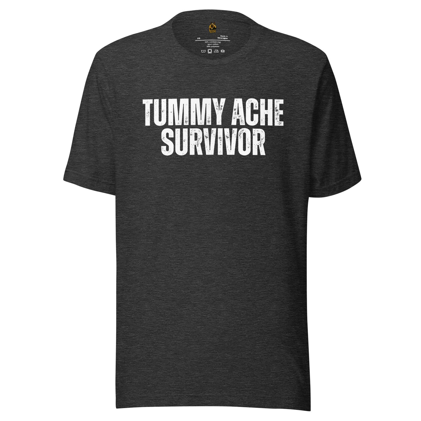 Dark heather grey unisex t-shirt with 'TUMMY ACHE SURVIVOR' text – Boozie Adams