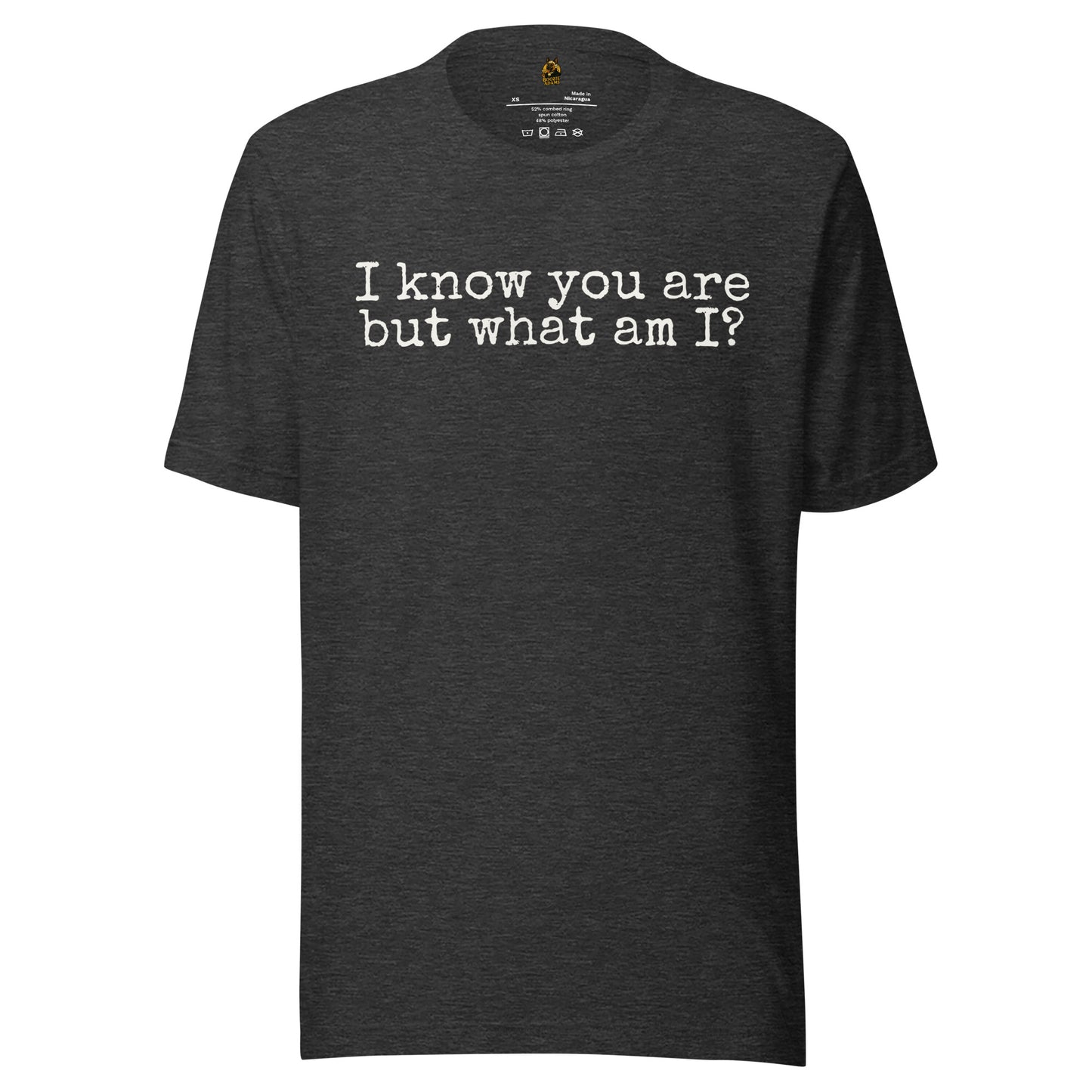 Dark heather grey unisex t-shirt with 'I know you are but what am I' text – Boozie Adams