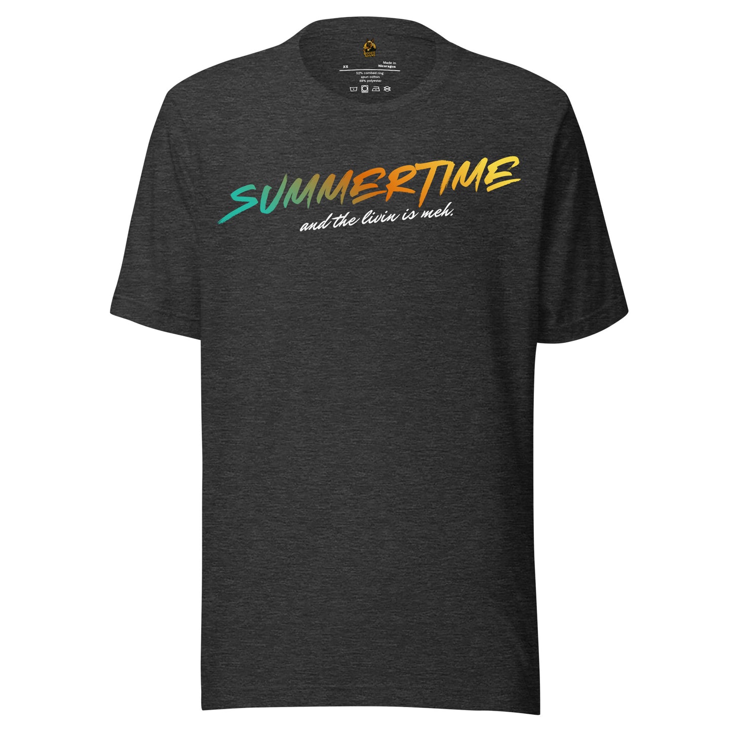 Dark heather grey unisex t-shirt with colorful 'Summertime and the livin is meh.' text – Boozie Adams