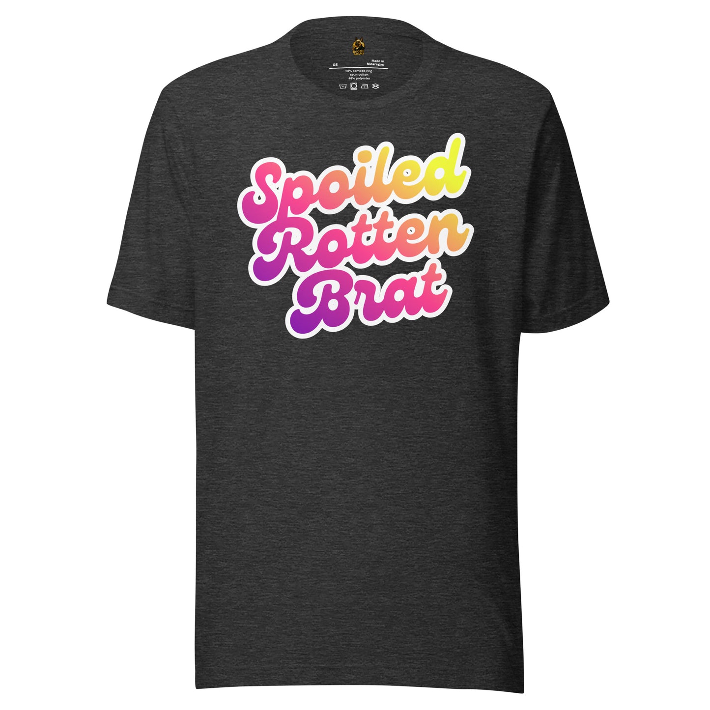 Dark heather grey unisex t-shirt with colorful 'Spoiled Rotten Brat' text – Boozie Adams