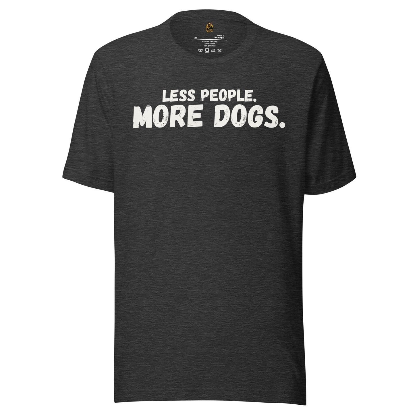 Dark heather grey unisex t-shirt with text 'LESS PEOPLE. MORE DOGS.' – Boozie Adams