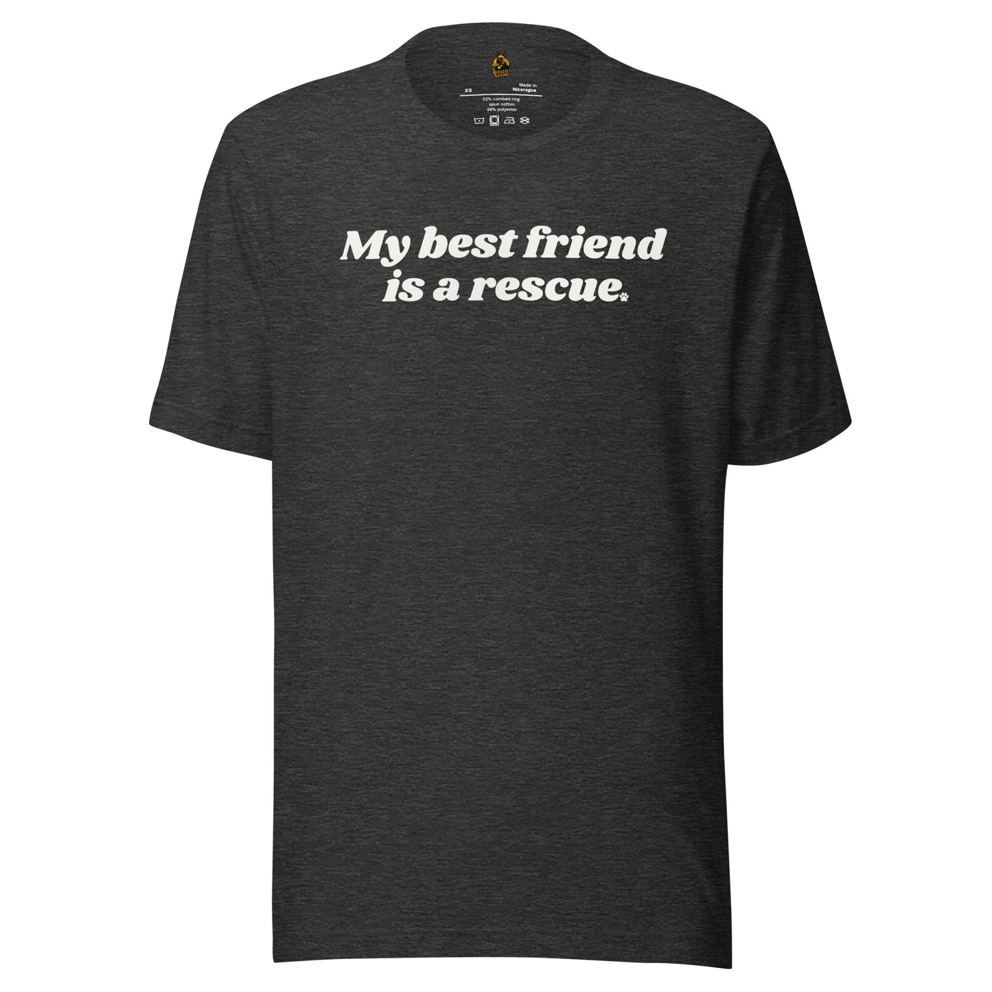 Dark heather grey unisex t-shirt with 'My best friend is a rescue' text – Boozie Adams