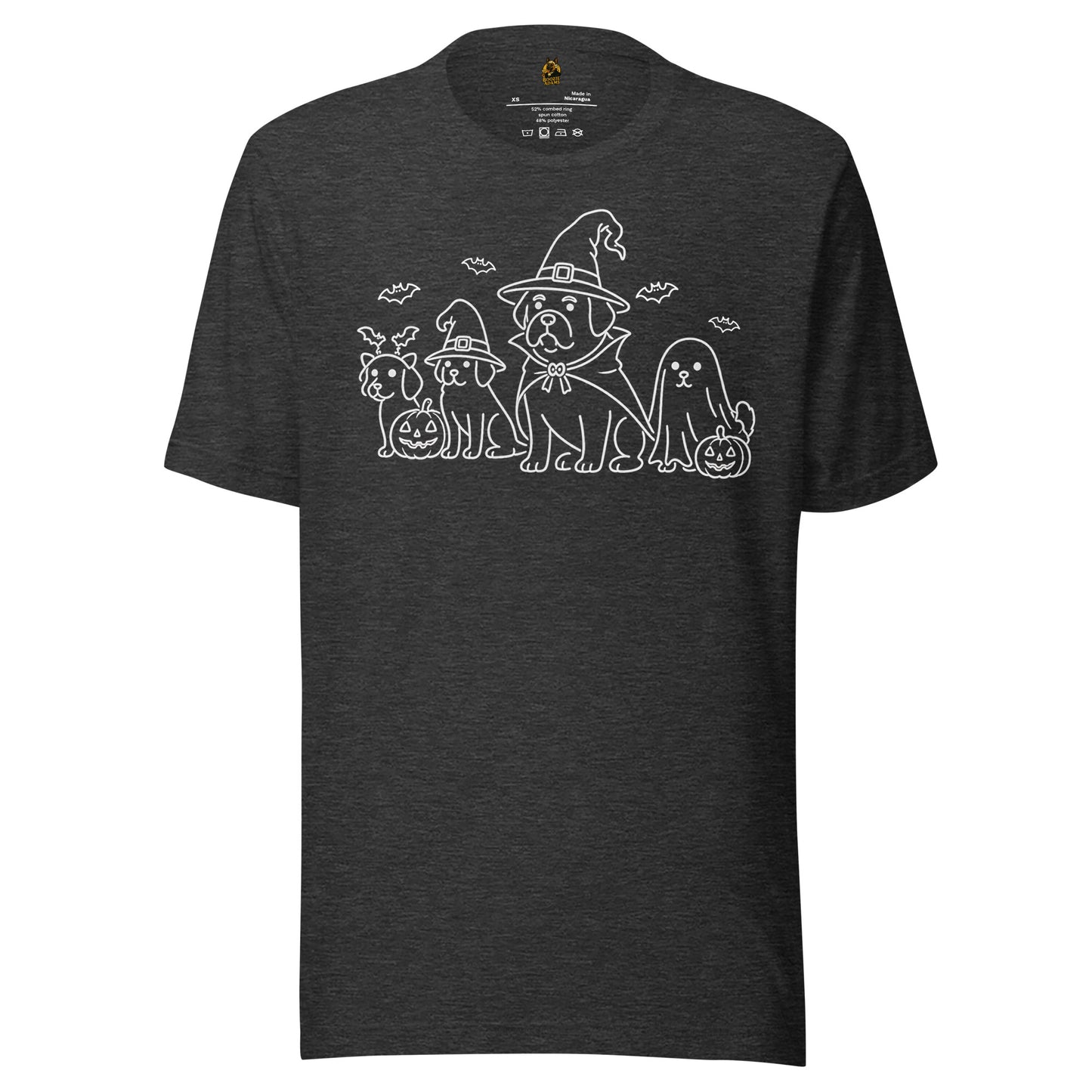 Dark heather grey unisex t-shirt with graphic of dogs dressed for halloween – Boozie Adams