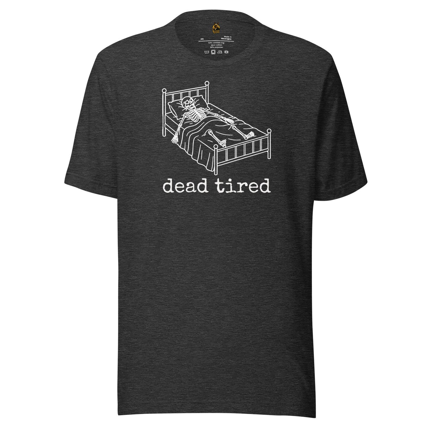 Dark heather grey unisex t-shirt with graphic of skeleton in bed and text 'dead tired' – Boozie Adams