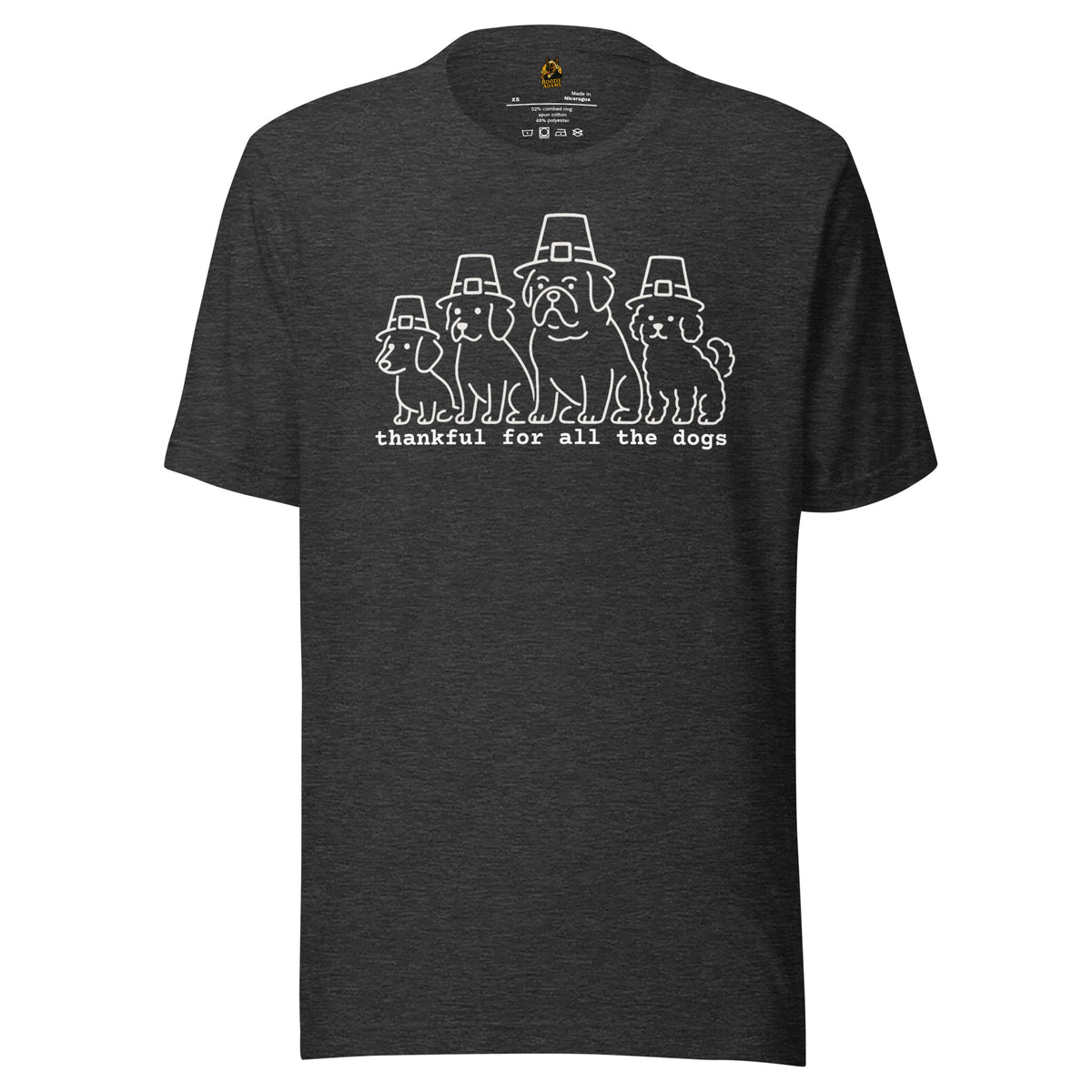 Dark heather grey unisex graphic t-shirt with graphic of dogs in pilgrim hats and text 'thankful for all the dogs' – Boozie Adams