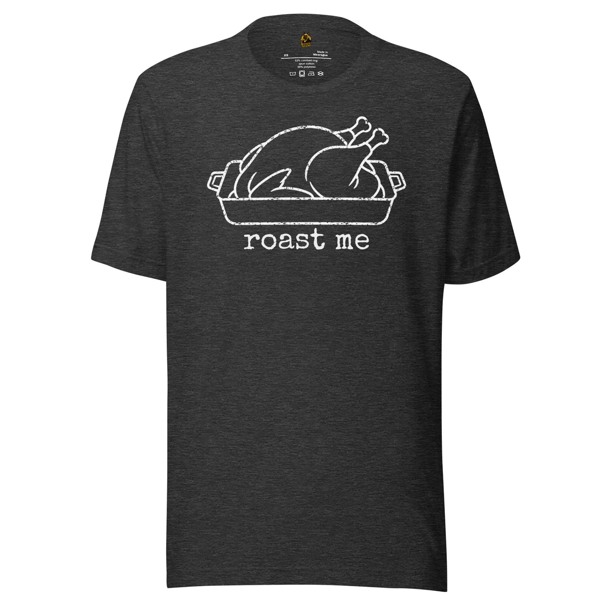 Dark heather grey t-shirt with graphic of turkey in roasting pan and 'roast me' text – Boozie Adams