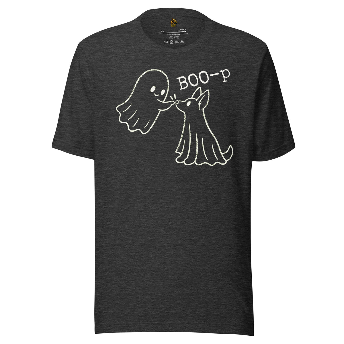 Dark heather grey unisex t-shirt with graphic of ghost booping ghost dog's nose and 'BOO-p' text – Boozie Adams