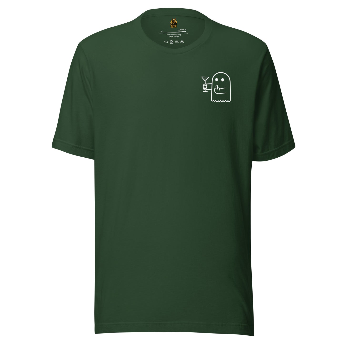 Green unisex t-shirt with a small white ghost holding a martini glass and flipping the bird on the chest  – Boozie Adams