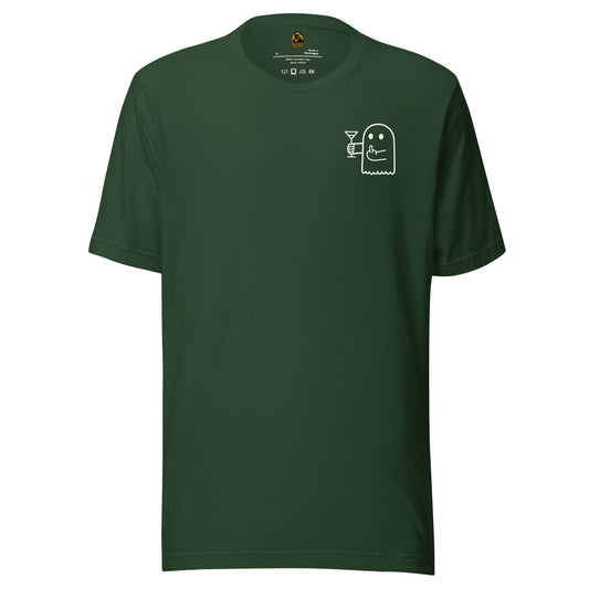 Green unisex t-shirt with a small white ghost holding a martini glass and flipping the bird on the chest  – Boozie Adams
