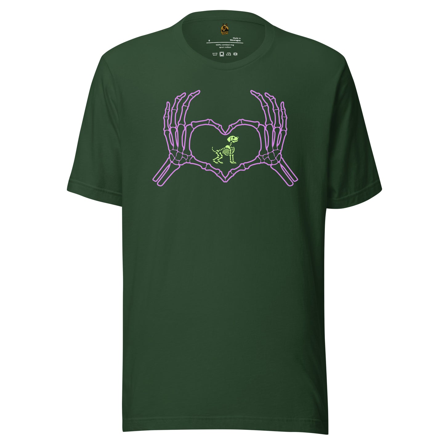 Green unisex t-shirt with a graphic of purple skeleton hands making a heart  with a green skeleton dog in the middle – Boozie Adams