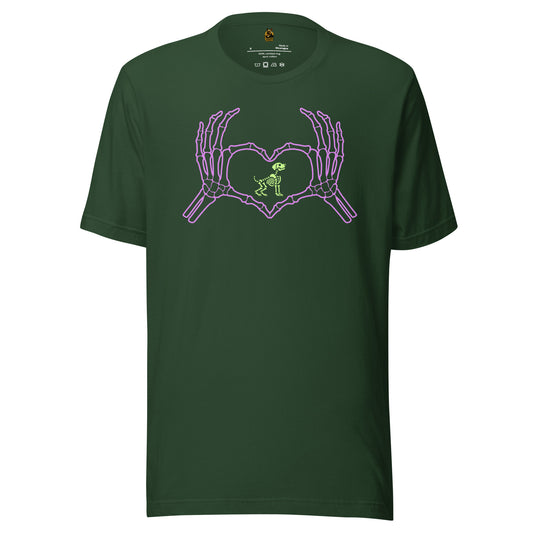 Green unisex t-shirt with a graphic of purple skeleton hands making a heart  with a green skeleton dog in the middle – Boozie Adams
