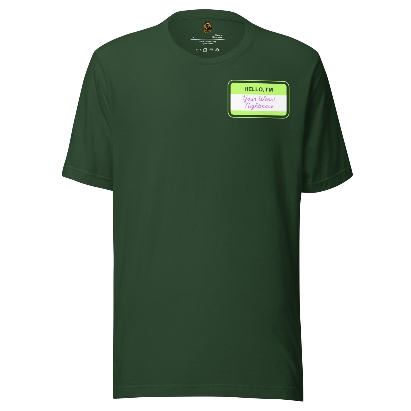 Green t-shirt with a green name tag graphic 'Hellow I'm Your Worst Nightmare' text – Boozie Adams