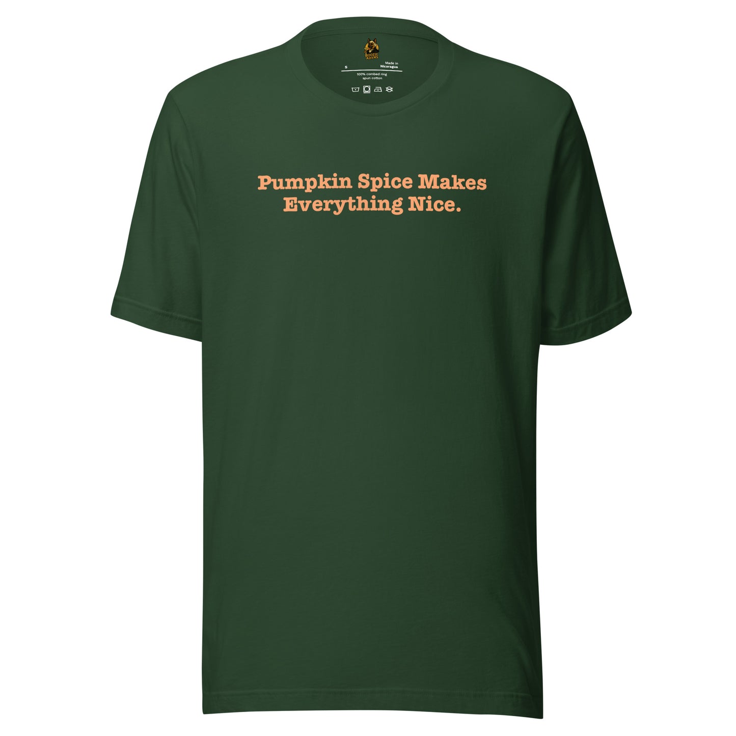 Green unisex t-shirt with 'Pumpkin Spice Makes Everything Nice' text in orange – Boozie Adams