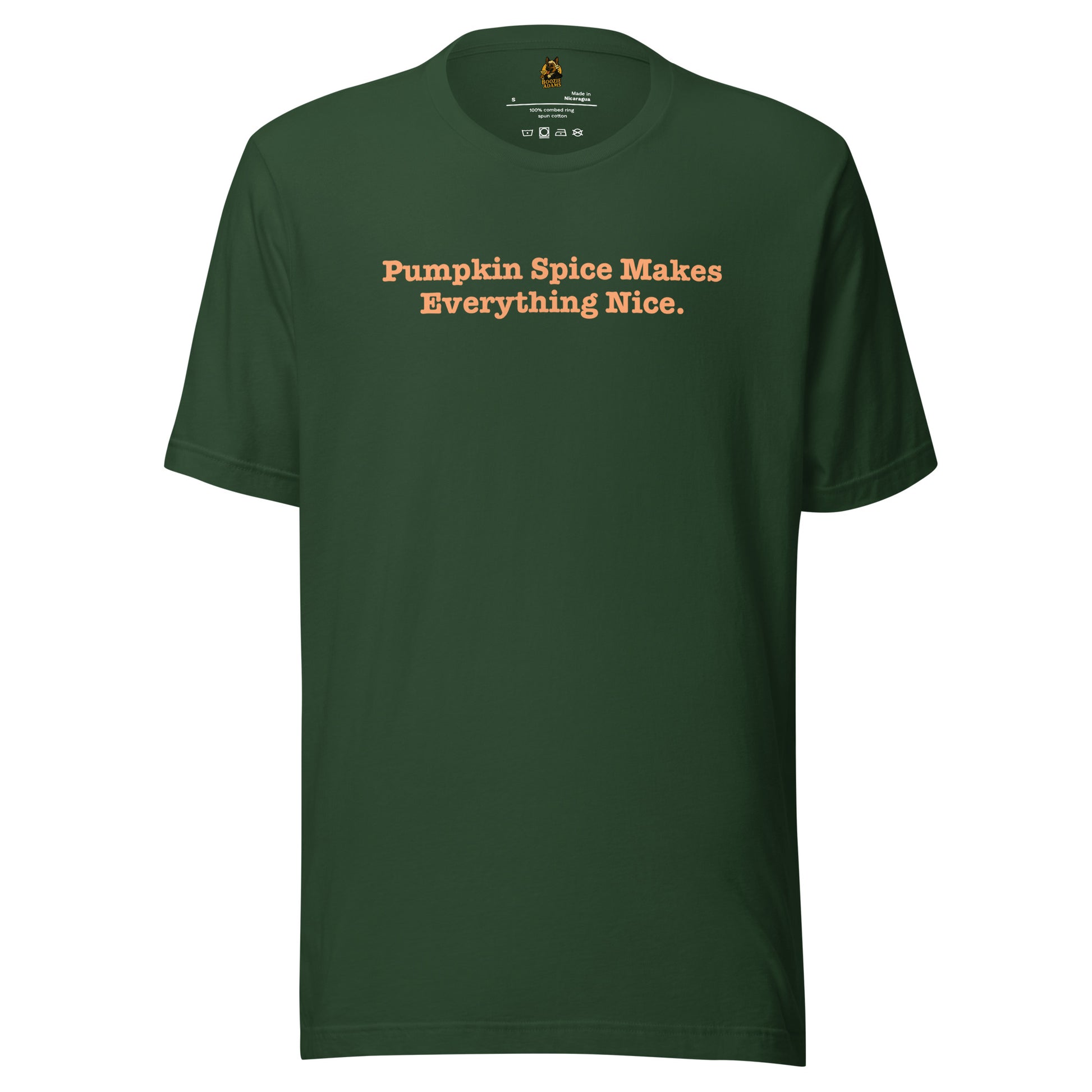 Green unisex t-shirt with 'Pumpkin Spice Makes Everything Nice' text in orange – Boozie Adams