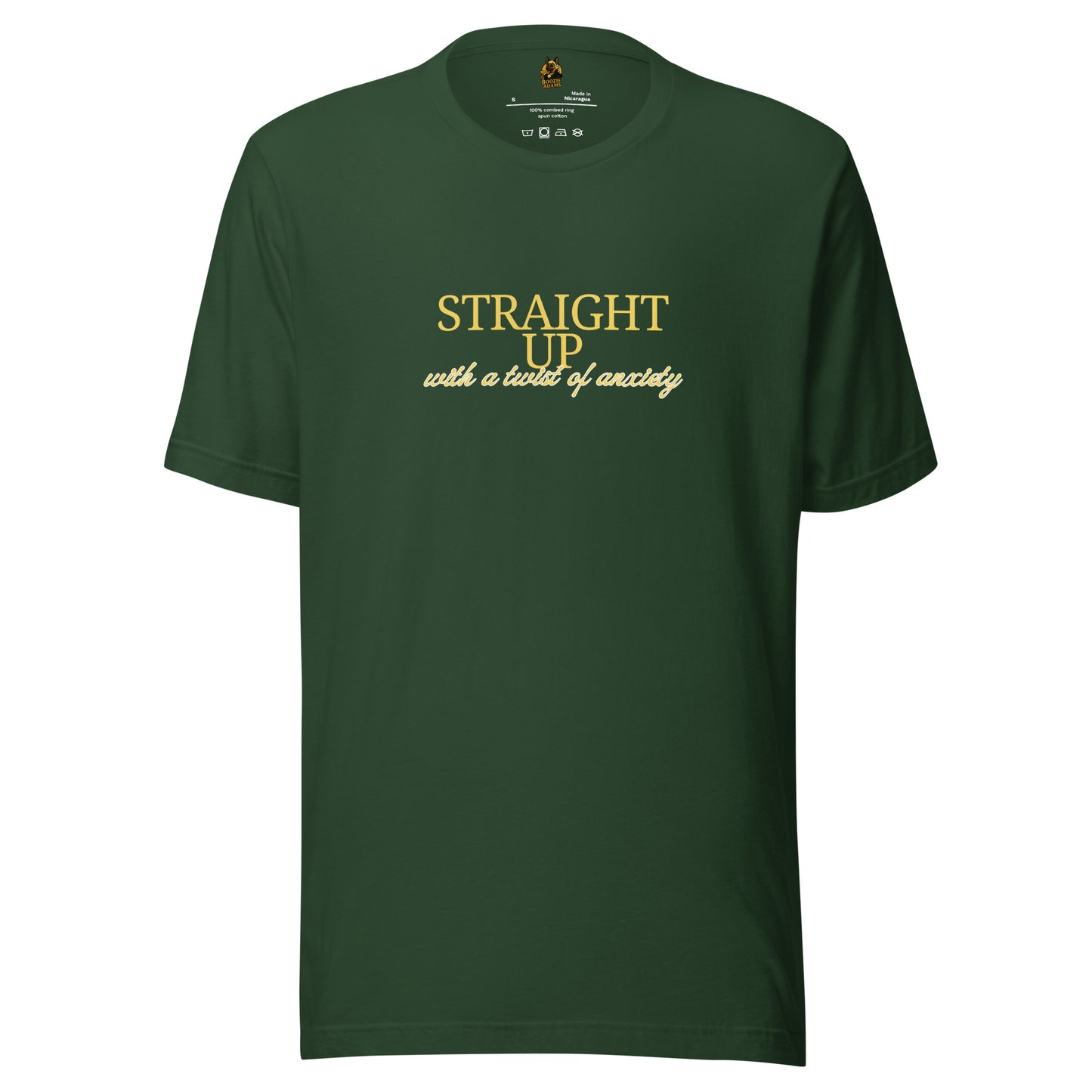 Green unisex t-shirt with gold 'Straight up with a twist of anxiety' text – Boozie Adams